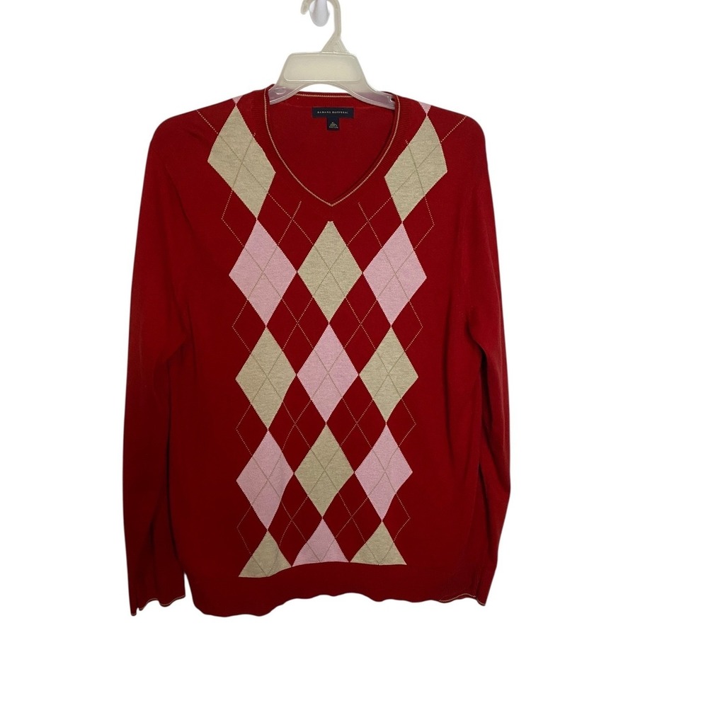 Banana Republic Mens Red Argyle V-Neck Sweater Pima Cotton Wool XL Pullover